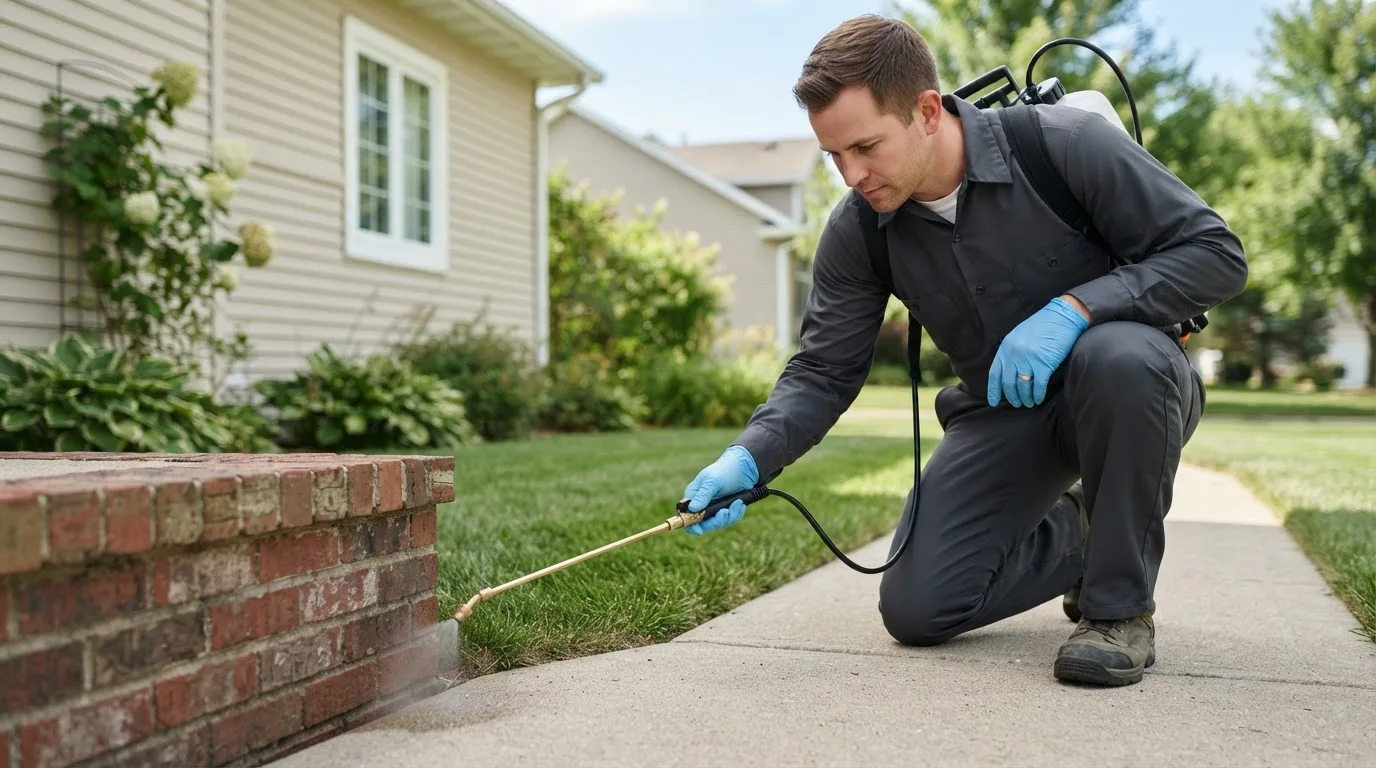 Pest control technician treating a home near West Sunbury, PA